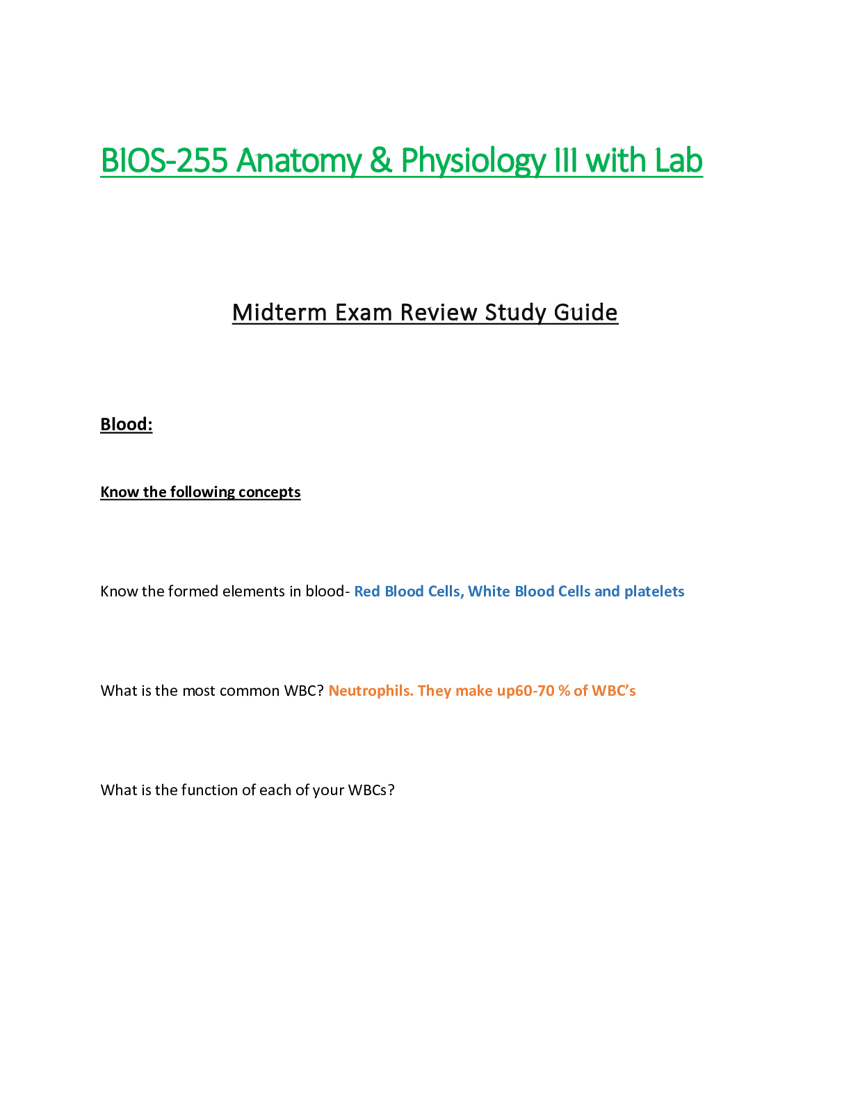 Preview of BIOS 255 / BIOS255 Midterm Exam Review Study Guide  : Anatomy & Physiology III / A&P III -